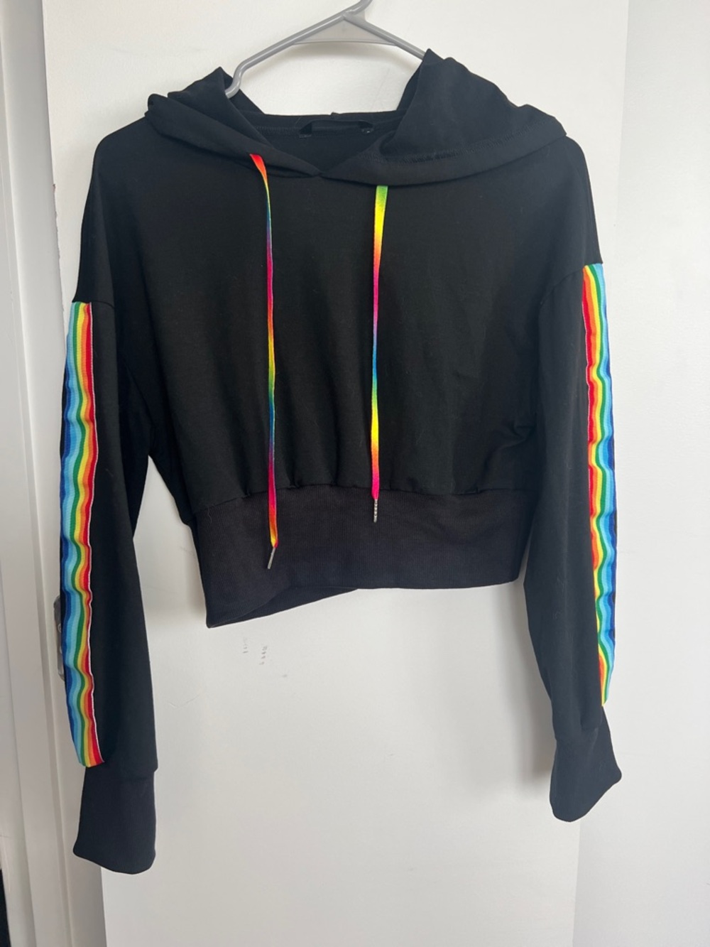 Black Cropped Hoodie with Rainbow